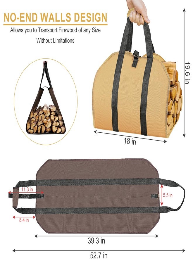 LBTING Firewood Log Carrier, 2 Pack Heavy Duty 900D Oxford Log Tote Wood Carrying Bag with Handle Security Strap, Suitable for Indoor Fireplace and Outdoor Camping - Brown & Khaki - Image 3